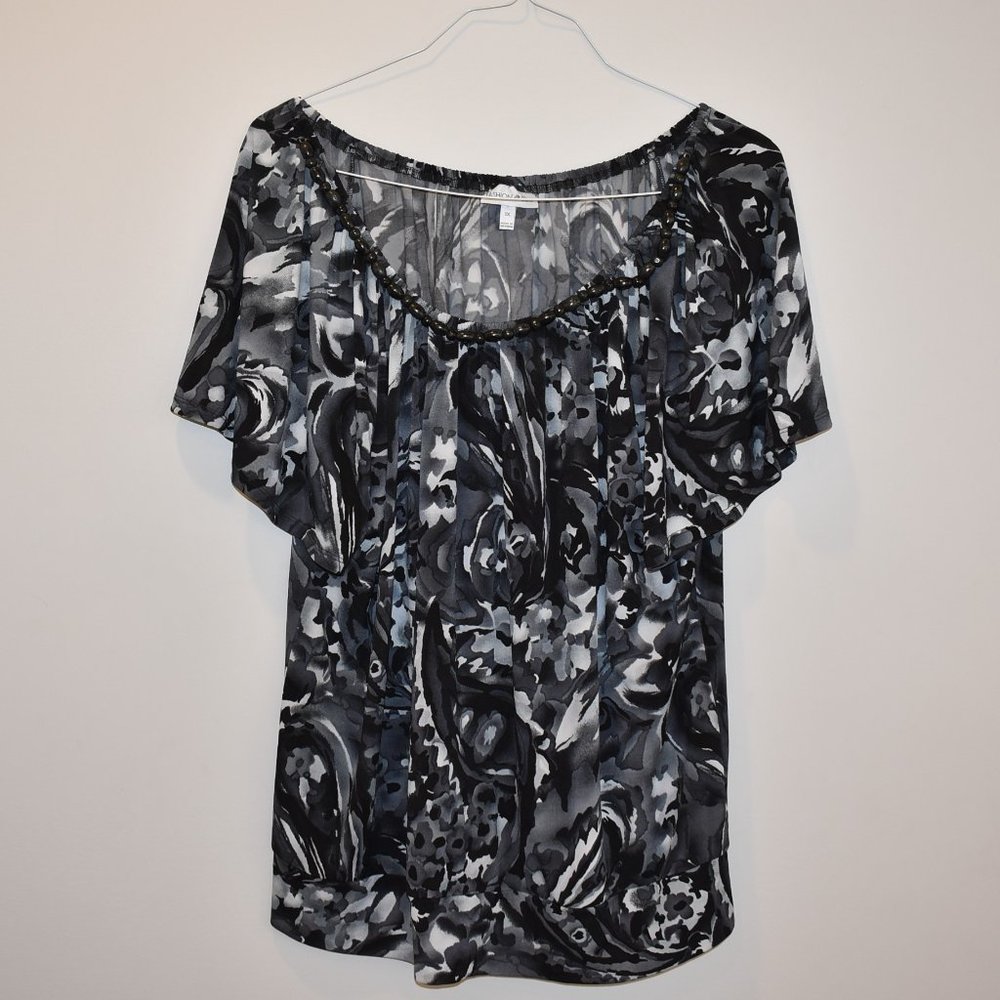 Fashion Bug Black Gray Top with  Beaded Neckline